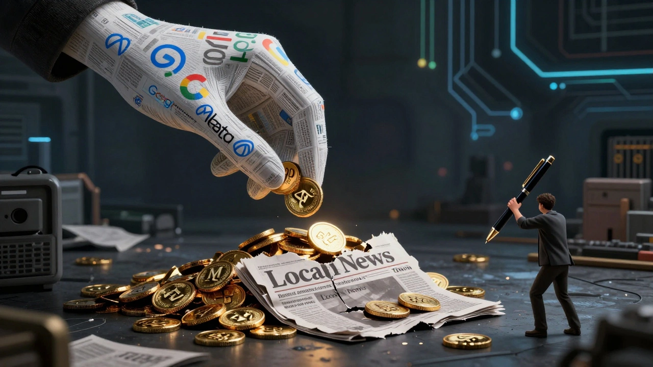 Tech giants drain advertising revenue from crumbling local newspapers while a lone journalist struggles to report.
