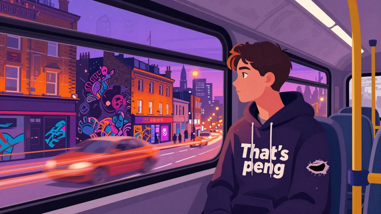 Teenager on a bus in East London saying 'peng' while street art flashes by outside.