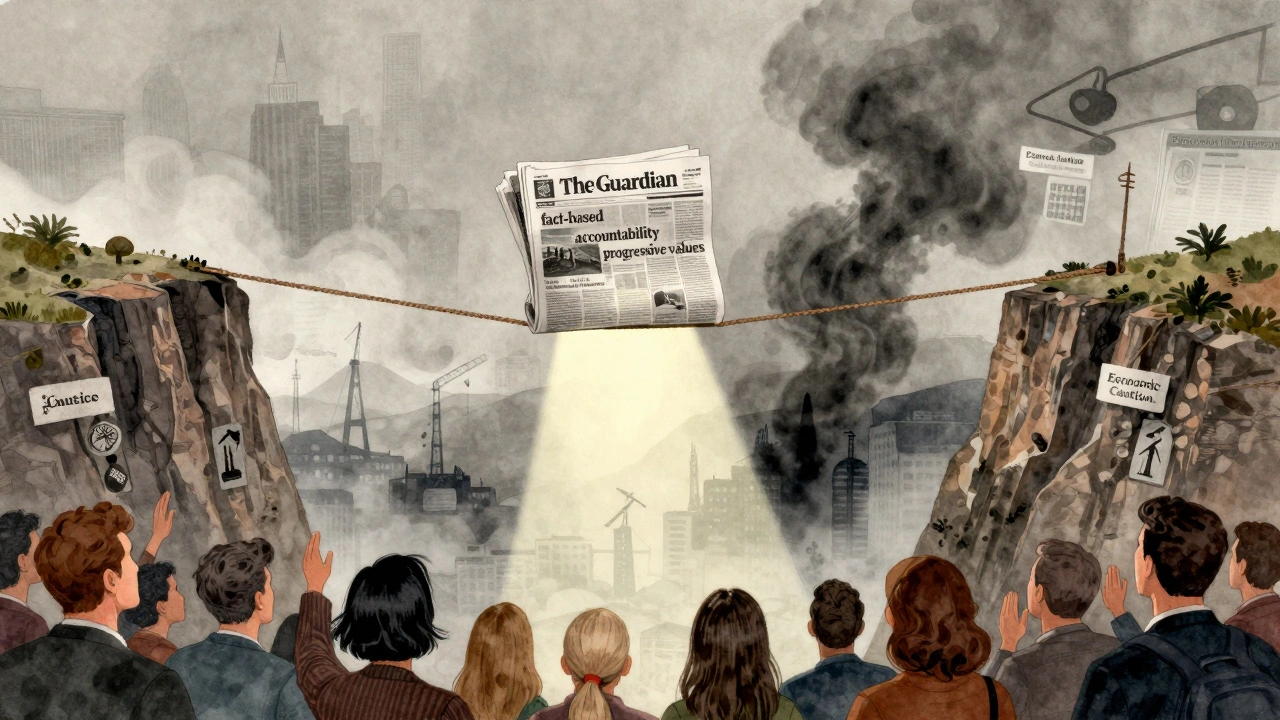 The Guardian newspaper balanced on a tightrope between social justice and economic caution, under a single beam of light.