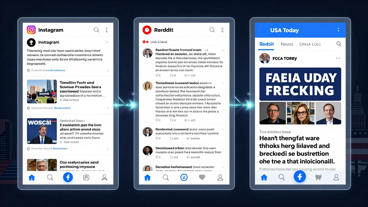 Three digital platforms displaying USA Today content connected by glowing data streams.