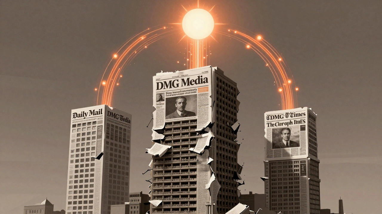 Three newspaper towers merging into one massive structure with digital data streams flowing upward.
