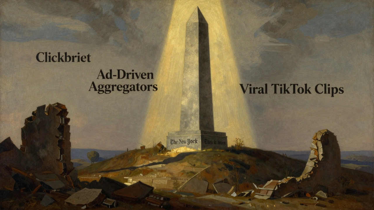 Towering New York Times monument illuminated amid ruins of viral news platforms under golden light.