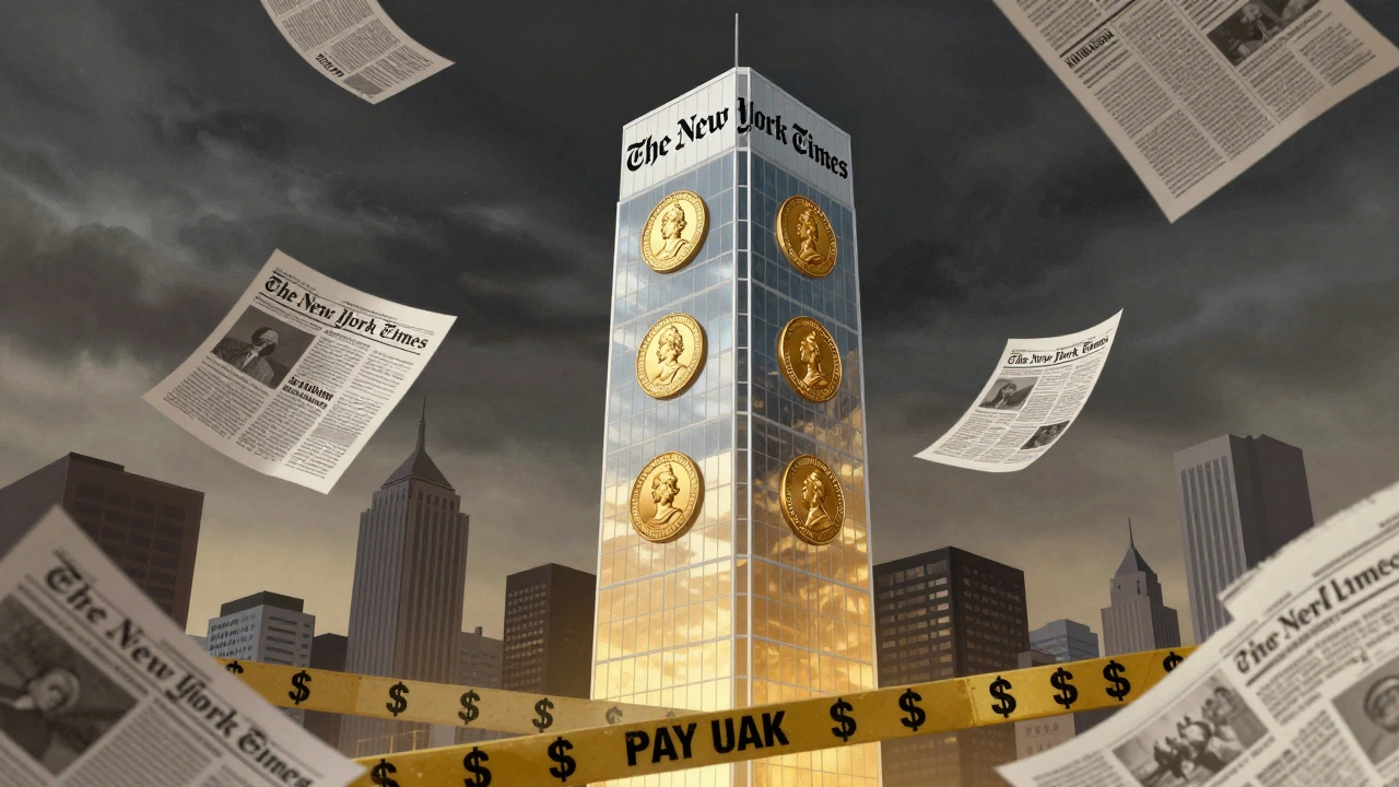 Transparent tower with Pulitzer medals rises above city, paywall blocking access with dollar signs