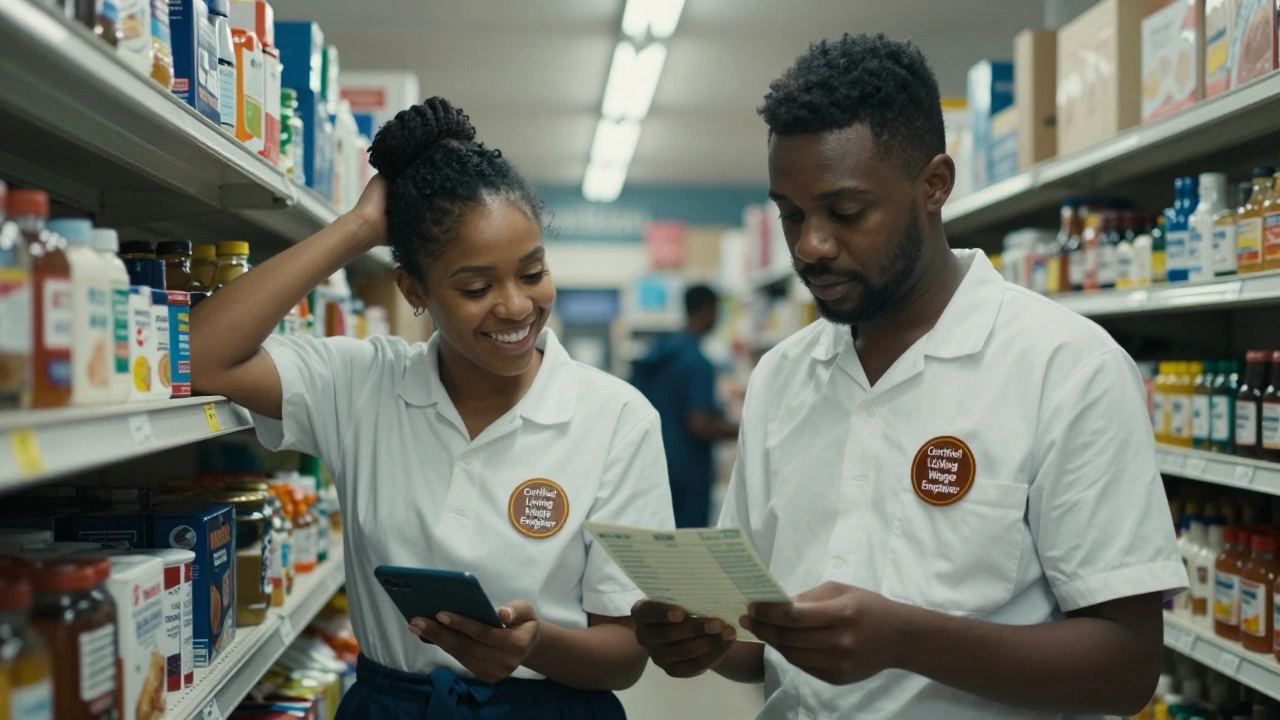 Two retail workers in London: one with a Living Wage badge smiling, the other staring at a paycheck with a negative balance.