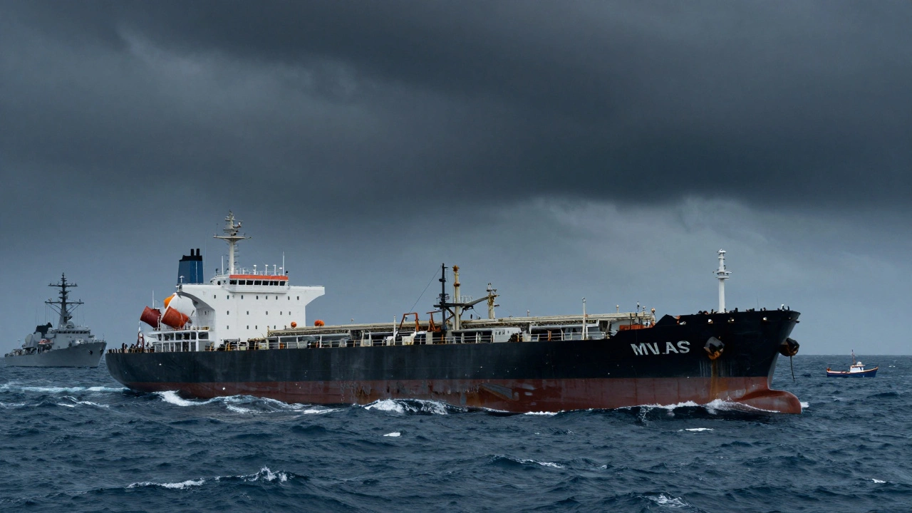 U.S. Coast Guard escorting a seized oil tanker off Venezuela’s coast amid stormy seas.
