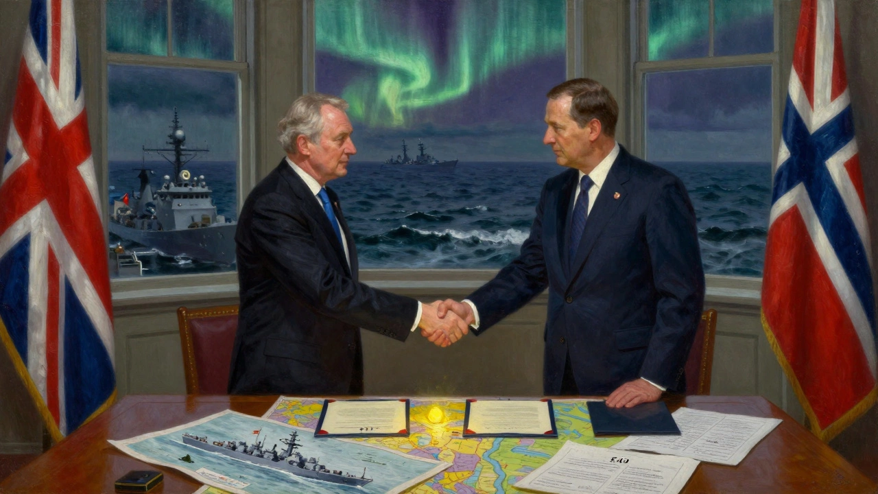 UK and Norwegian leaders signing a defense pact at Lunna House, with naval maps and frigates visible in a stormy North Atlantic setting.