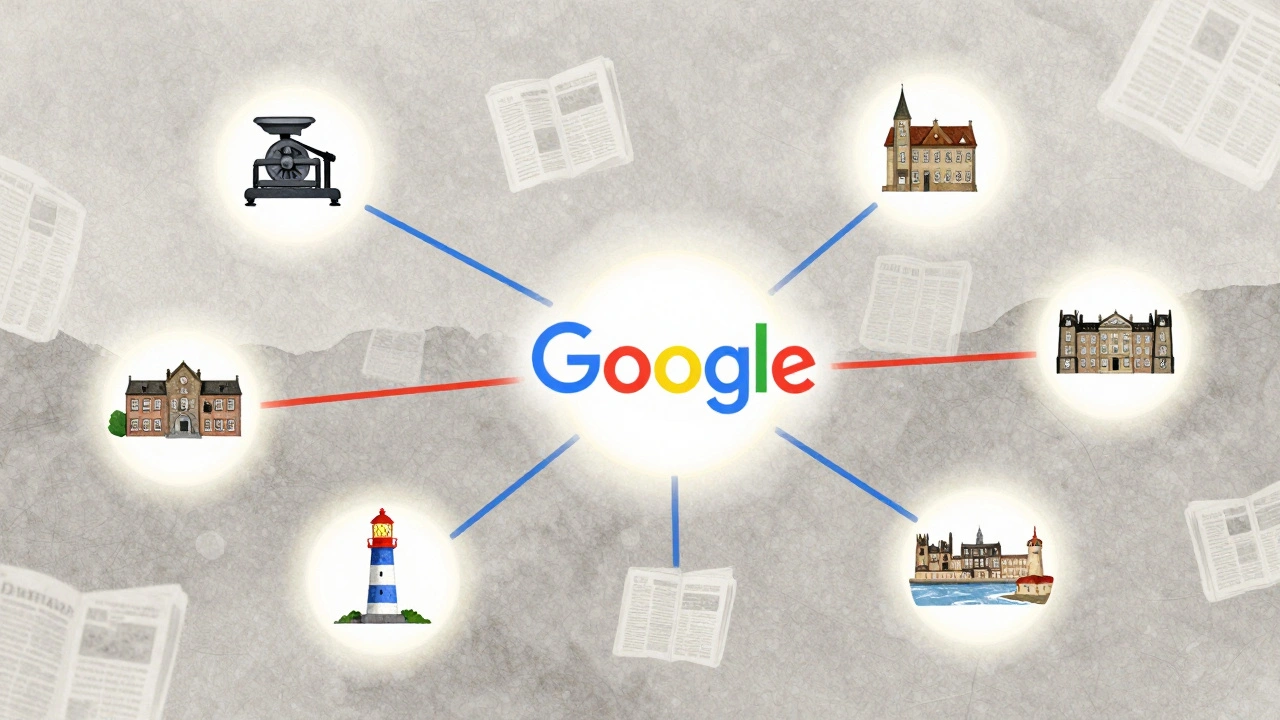 Watercolor-style network connecting Google to UK local news outlets with traffic and payment flows.