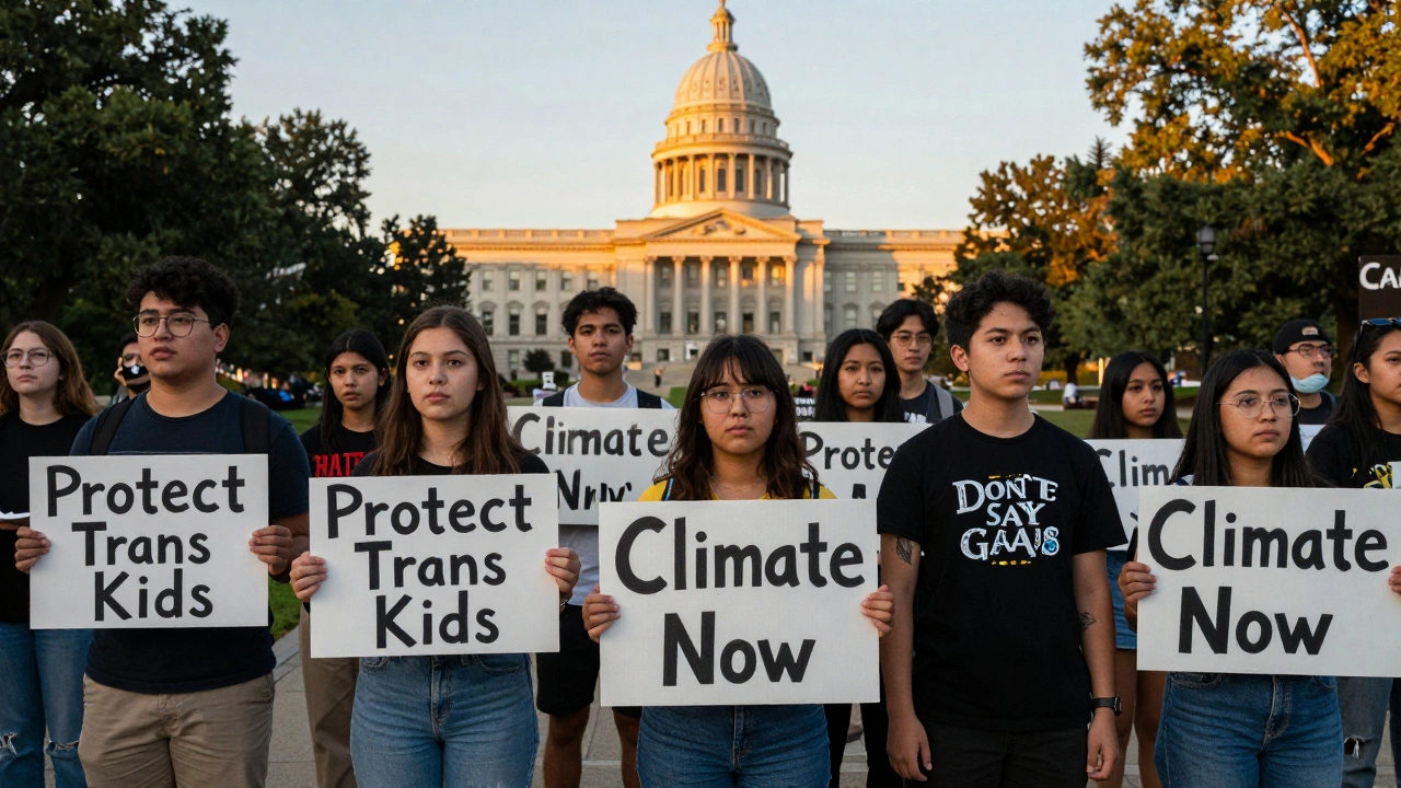 Young diverse protesters in a park, with a distant state capitol bearing a controversial sign in the background.