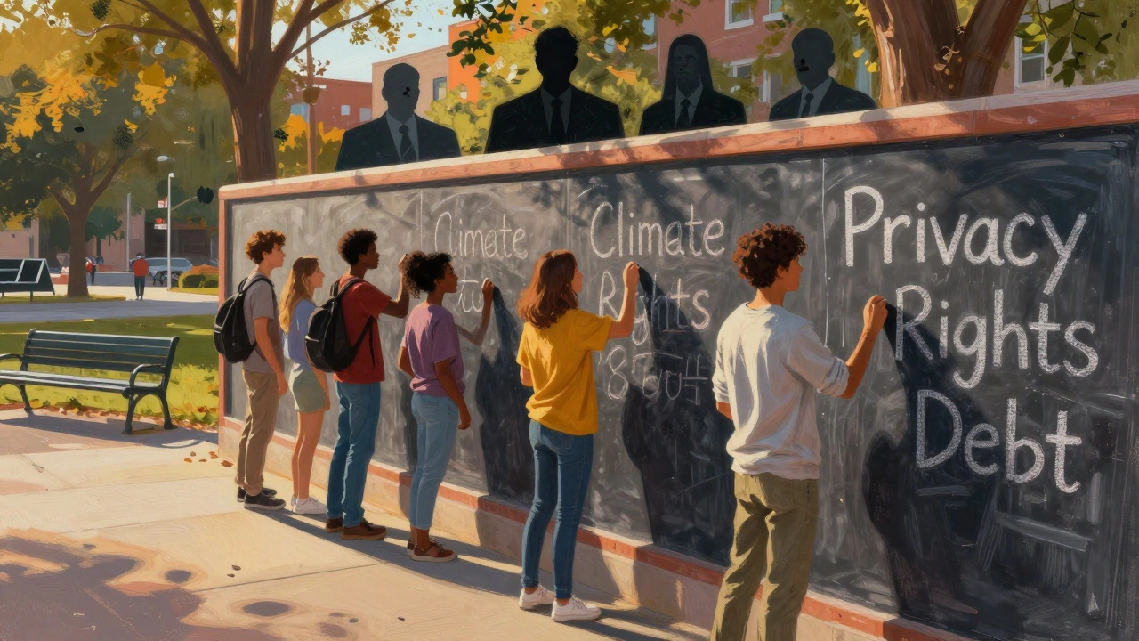 Young voters writing policy demands on a chalkboard as party leaders watch from behind