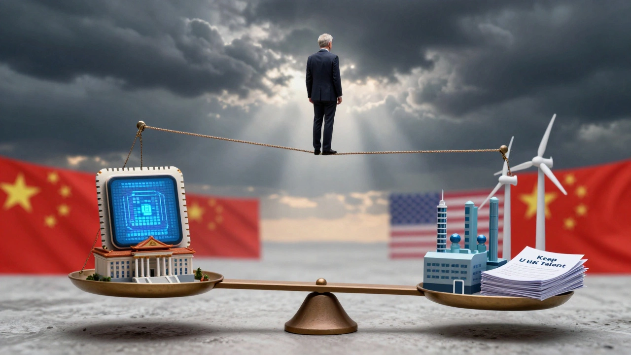 A balance scale weighs UK sovereignty against global forces, with industrial growth on one side and foreign control on the other.