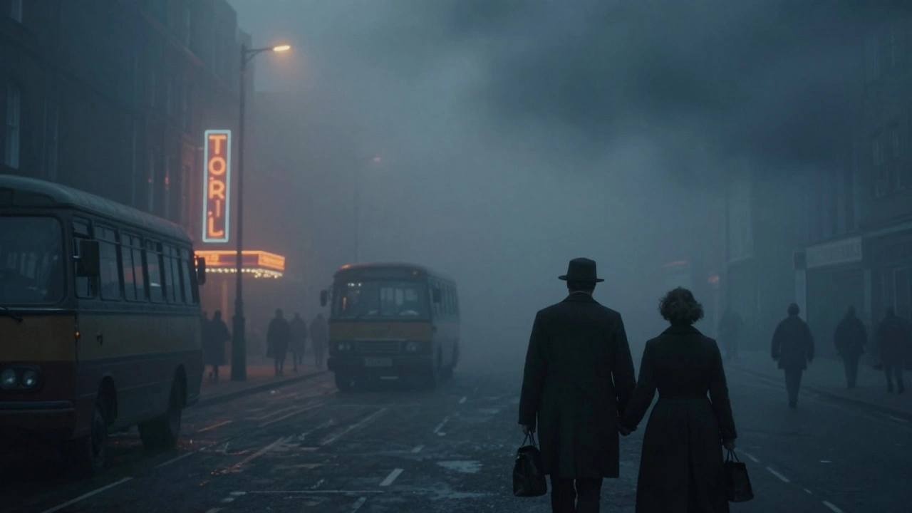 A blind man guides a woman through the Great Smog of 1952 London, buses abandoned in the haze.