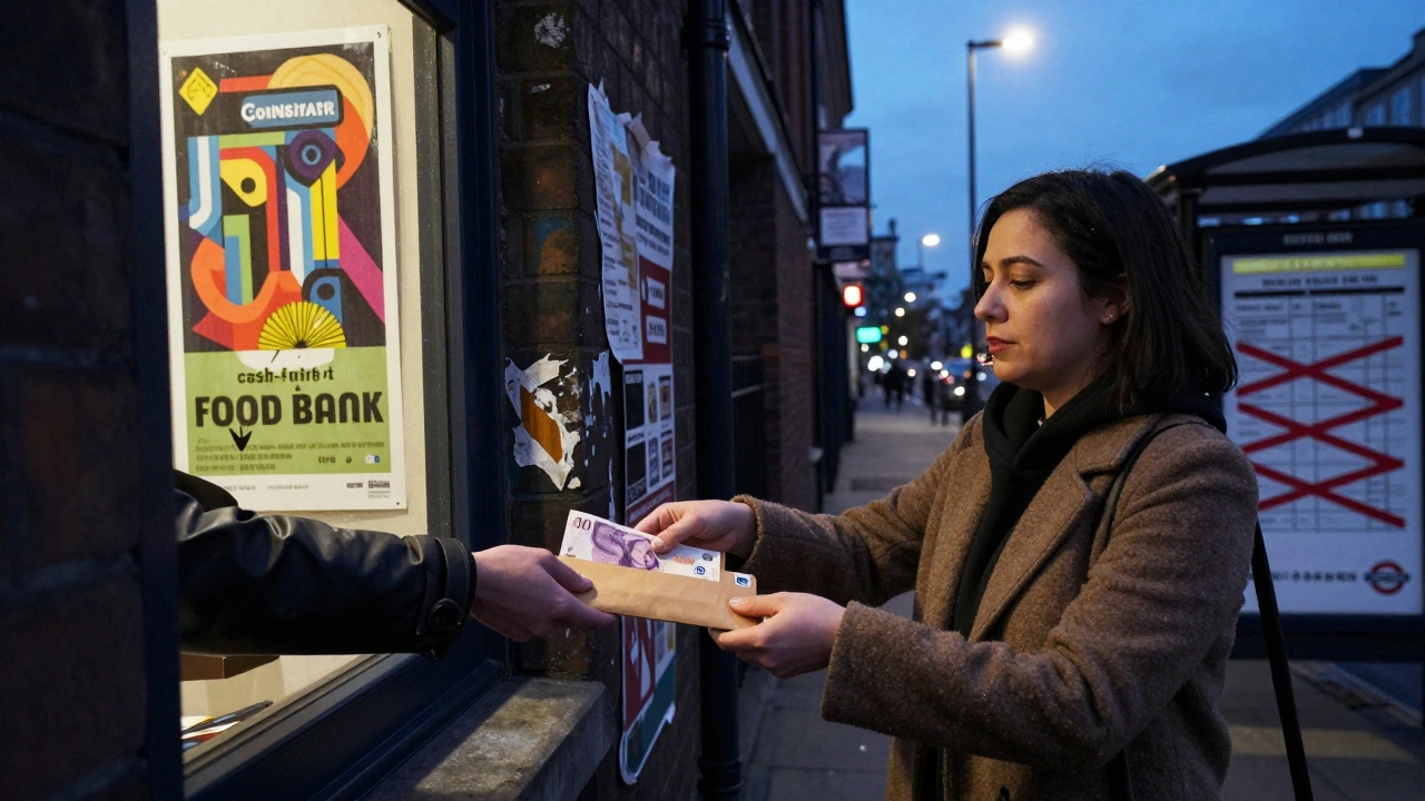 A cash food bank in Brixton hands out envelopes of money as a woman clutches hers under a dim streetlamp.