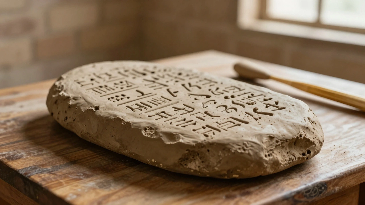 A clay tablet with cuneiform inscriptions, freshly pressed with a reed stylus under soft sunlight.