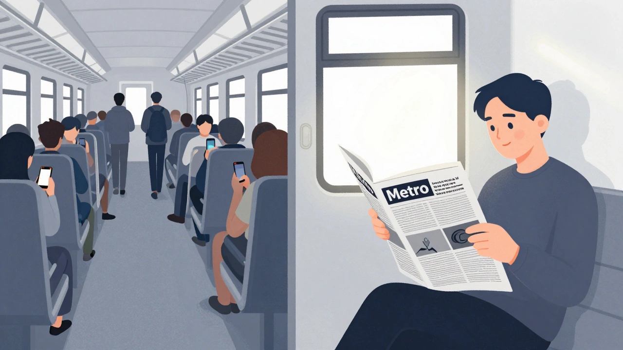 A commuter reading Metro on a train while others stare at phones, contrasting print and digital habits.