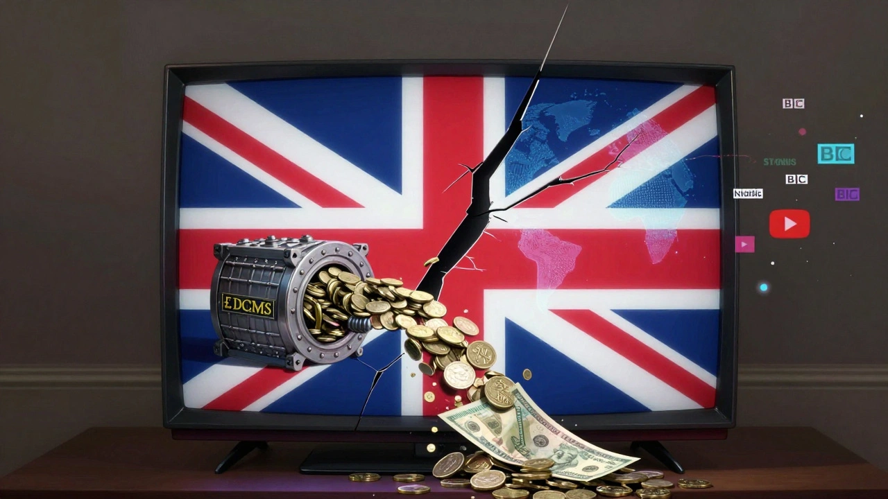 A cracked crown-shaped TV splits licence fee money into government vaults and global streaming platforms.