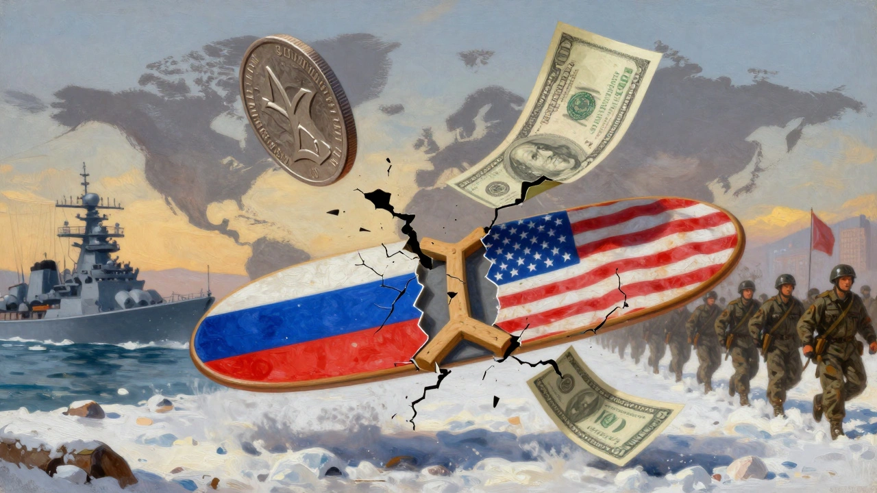 A cracked rupee coin revealing a falling dollar, with peace board and warships in background, symbolic of global tensions.