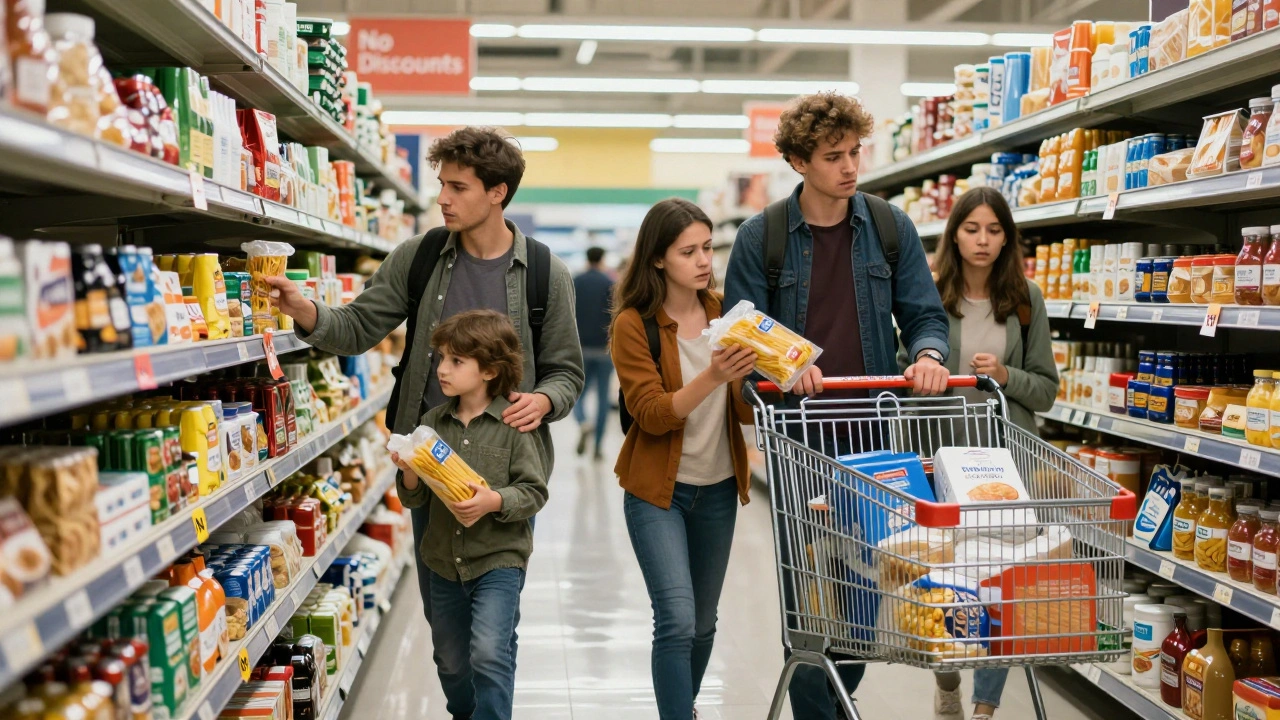 A family in a supermarket aisle examining basic food items, shelves marked 'No Discounts'.