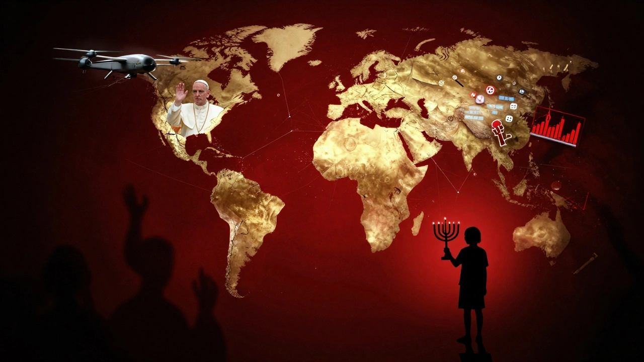 A fractured globe showing global reactions to the Sydney Hanukkah massacre, with rising tensions and symbols of hate.