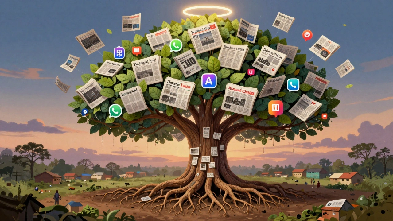 A giant newspaper tree with roots across India, branches blending into digital icons, surrounded by floating print copies.