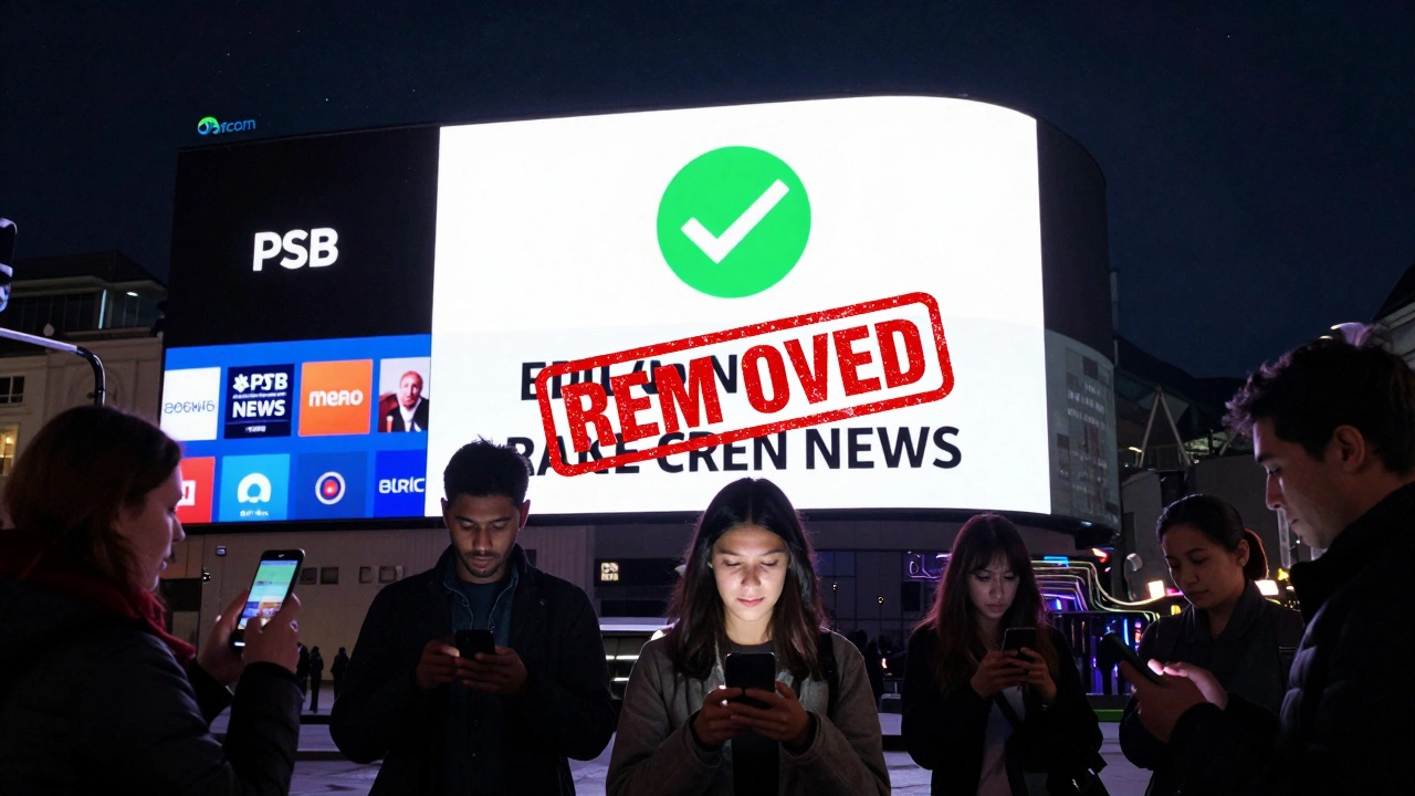 A London billboard displaying verified news with a removed fake headline, citizens reporting misinformation on smartphones, and PSB apps on a smart TV.