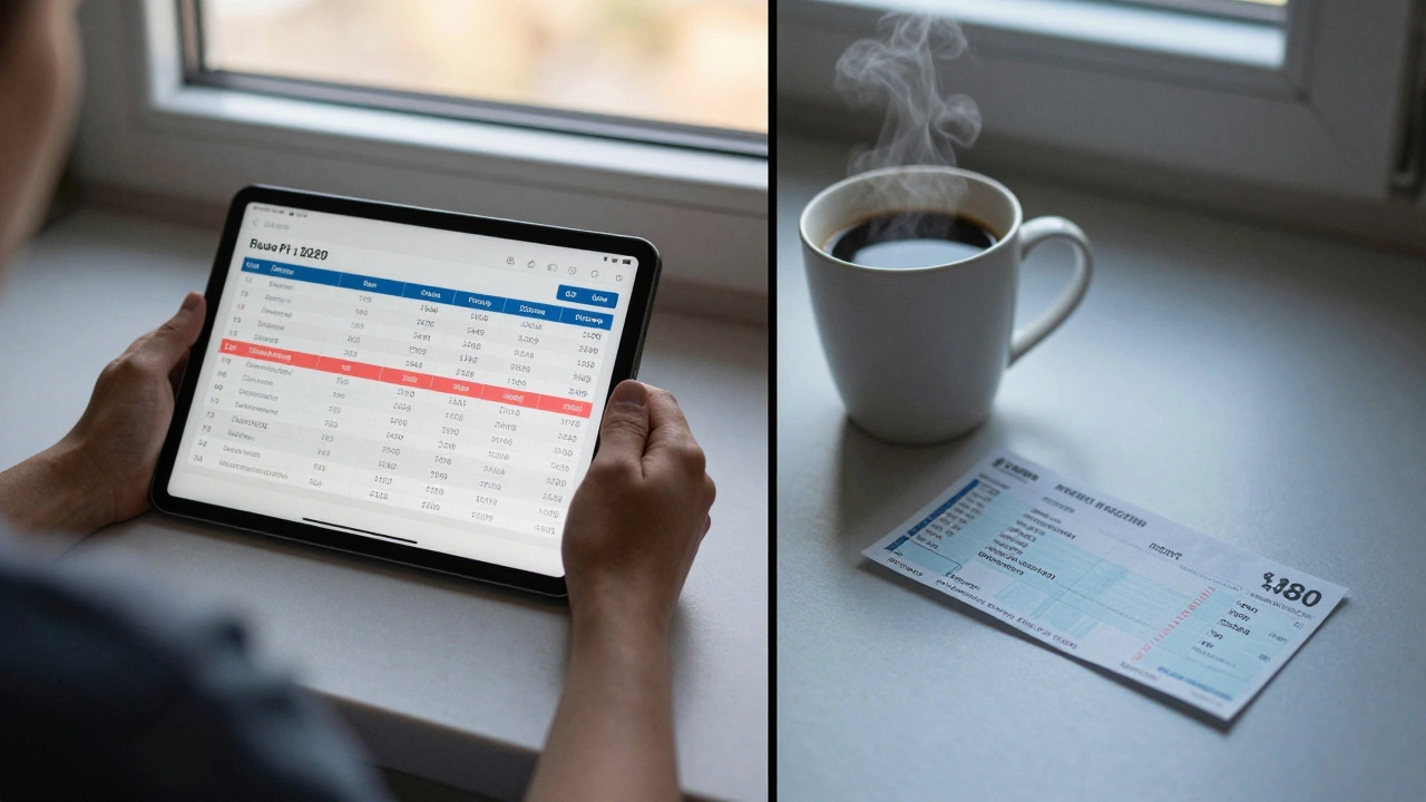 A person balancing a budget with rent and childcare costs on a tablet.