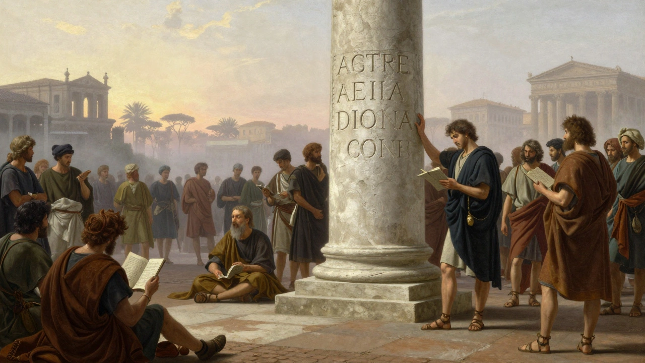 A Roman public square where citizens gather around a stone pillar displaying the Acta Diurna.