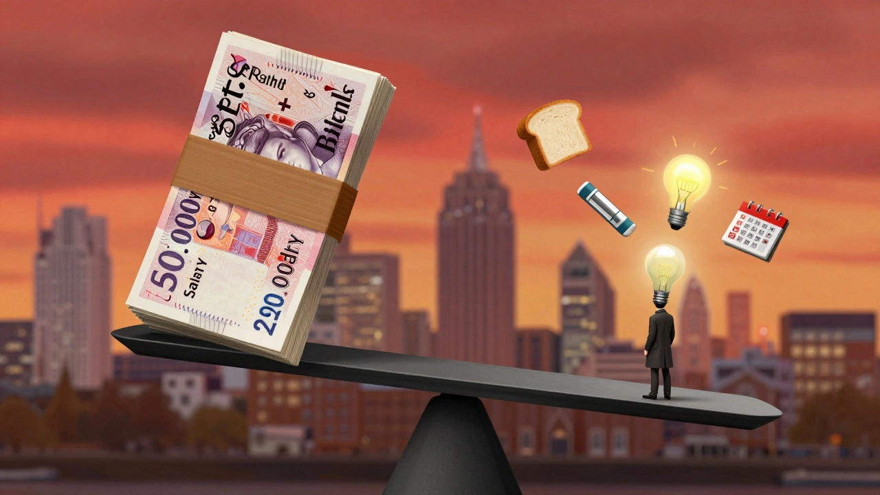 A scale tipping under the weight of rent and bills against a salary stack, with daily expense icons.