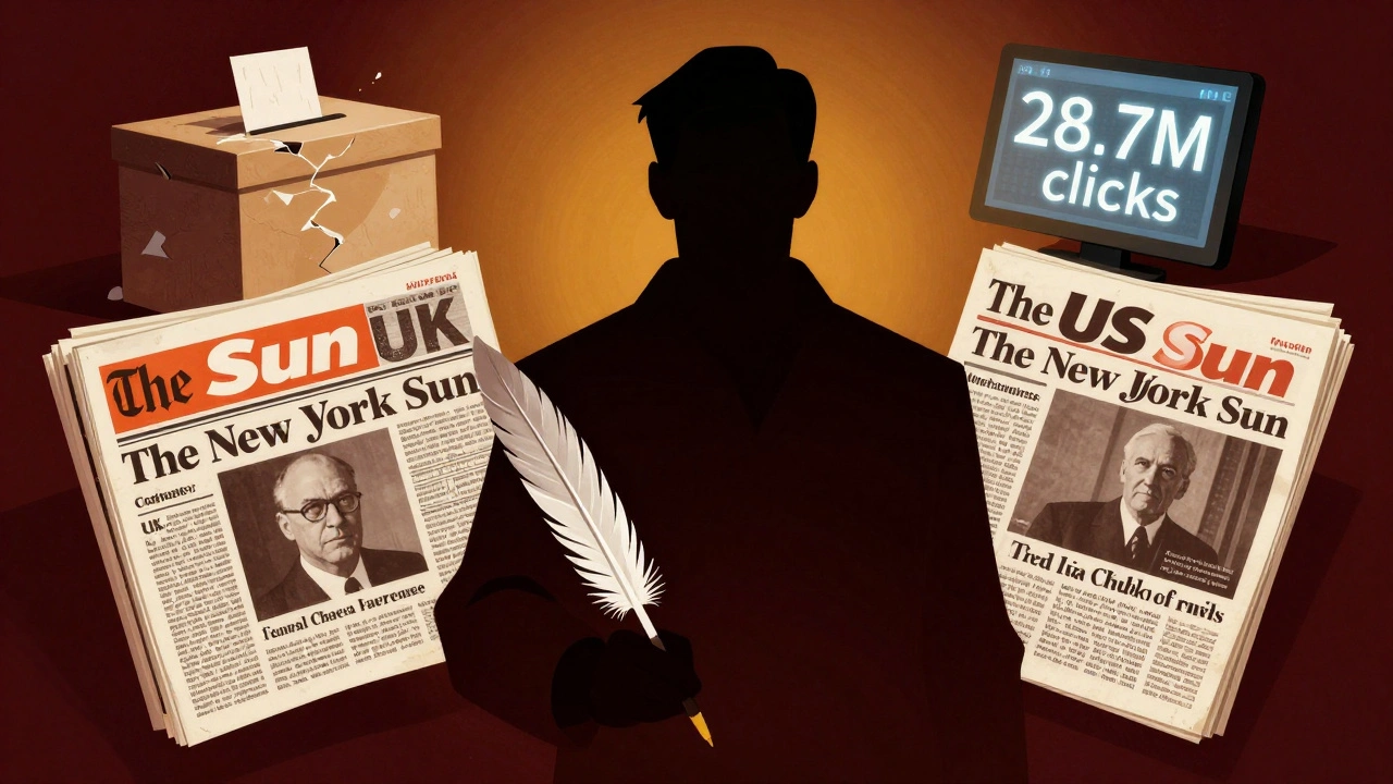 A shadowy figure controlling three conservative newspapers with symbolic headlines floating around.