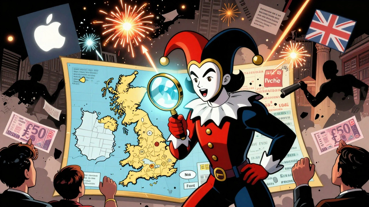 A Shakespearean jester hero using a magnifying glass to reveal rising stock opportunities across the UK and USA, defeating financial confusion.