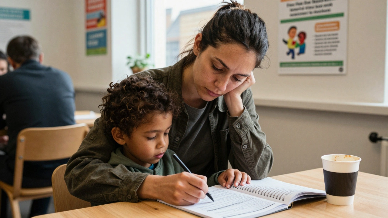 A single parent filling out a benefits form at a community center, holding their child, surrounded by support resources.