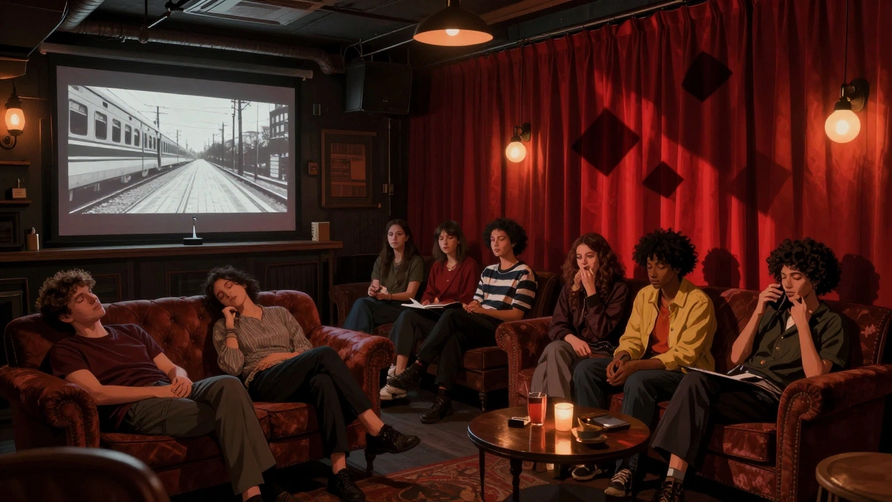 A surreal Red Room-inspired space in a London bar filled with people finding solace amid transport chaos.