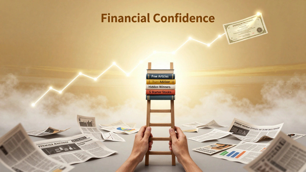 A symbolic ladder of investing resources leading from ordinary hands to a glowing horizon of financial confidence.