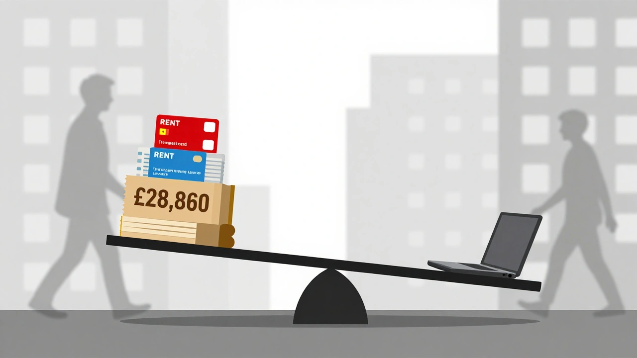 A symbolic scale tipping under the weight of London living costs, with a salary barely lifting the other side.