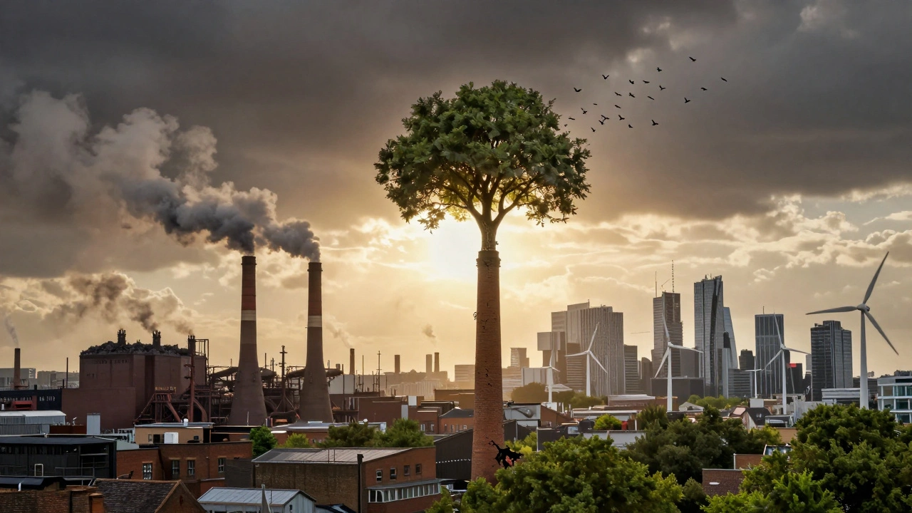 A symbolic split image: coal smoke transforms into clean air and trees, representing London’s environmental rebirth.