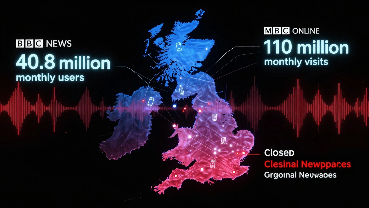 Abstract digital map showing UK news audience sizes with glowing data streams and mobile icons, no text.