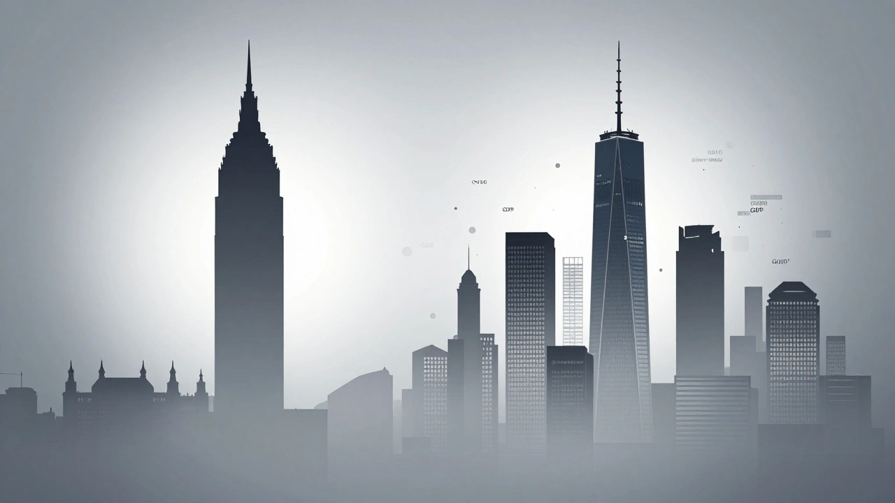 Abstract silhouettes of London and New York metro areas with floating data icons representing population and economy.