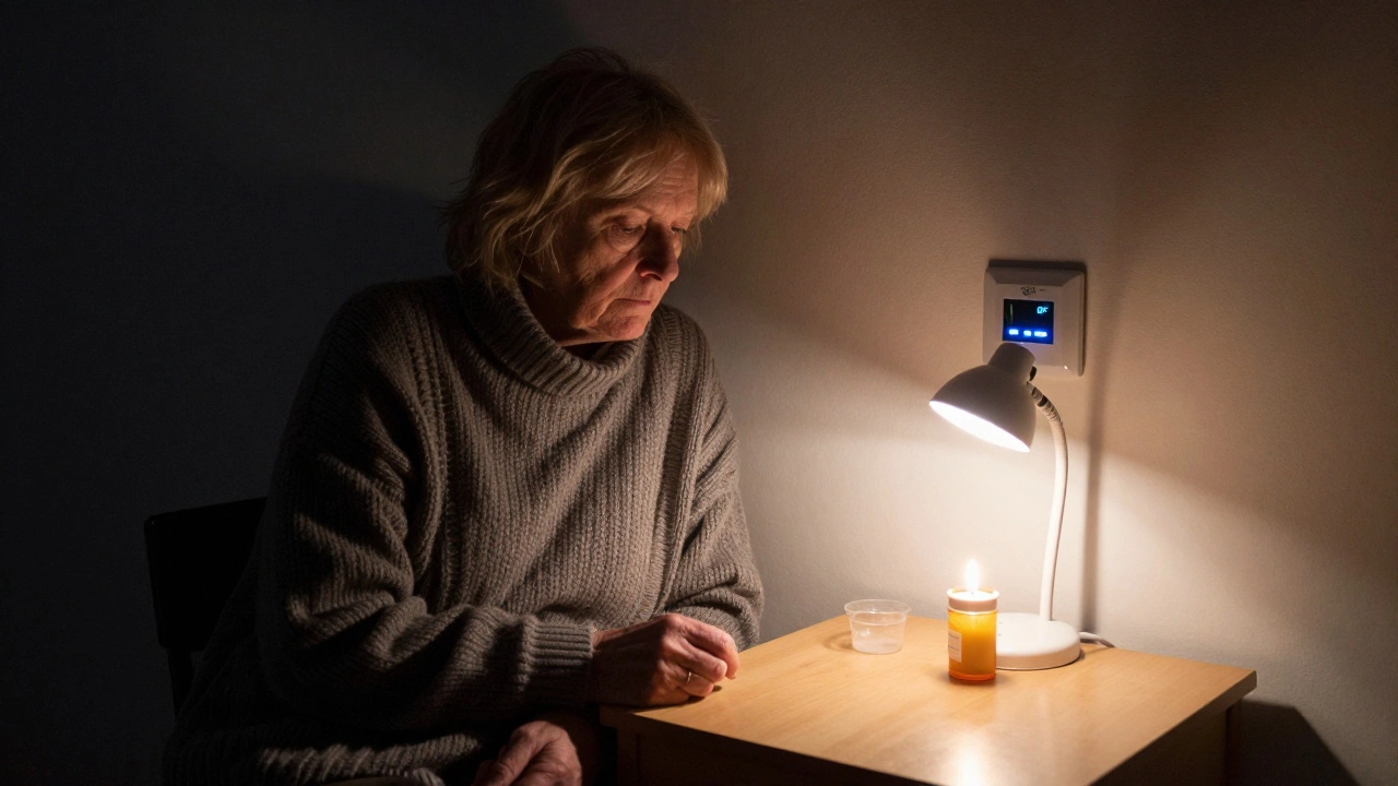An elderly woman in multiple jumpers sitting in a dark living room, a heating panel showing 'OFF'.
