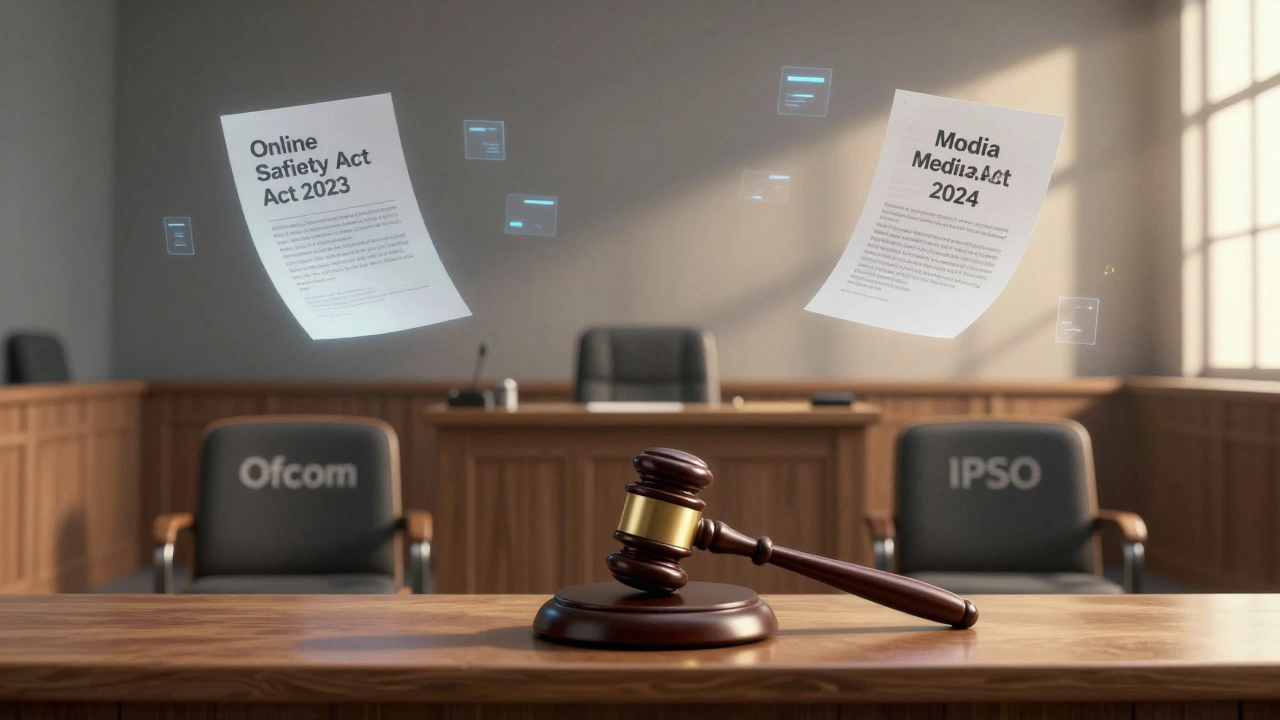 An empty courtroom with floating legal documents and AI-generated video fragments, symbolizing evolving news regulation in the UK.