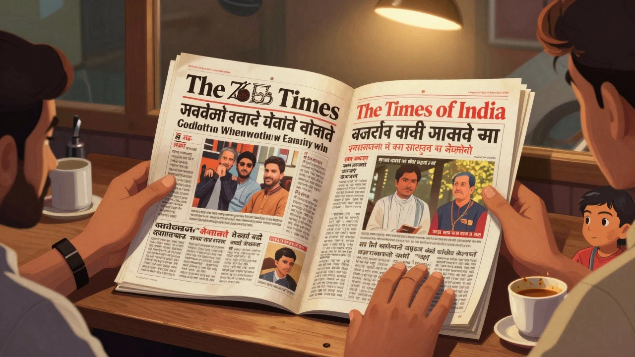 An open copy of The Times of India in a barber shop, showing English and Hindi sections, shared by multiple people.