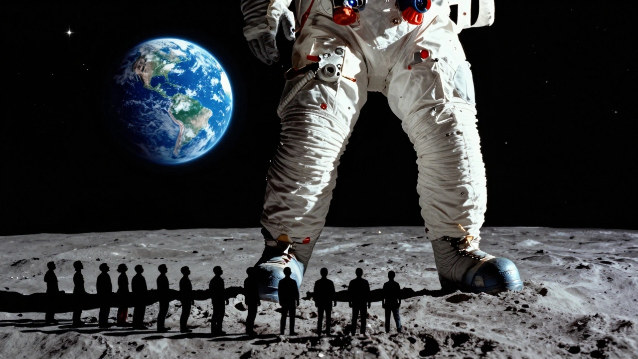 Apollo 11 astronaut on the moon with Earth rising above, humanity watching together.