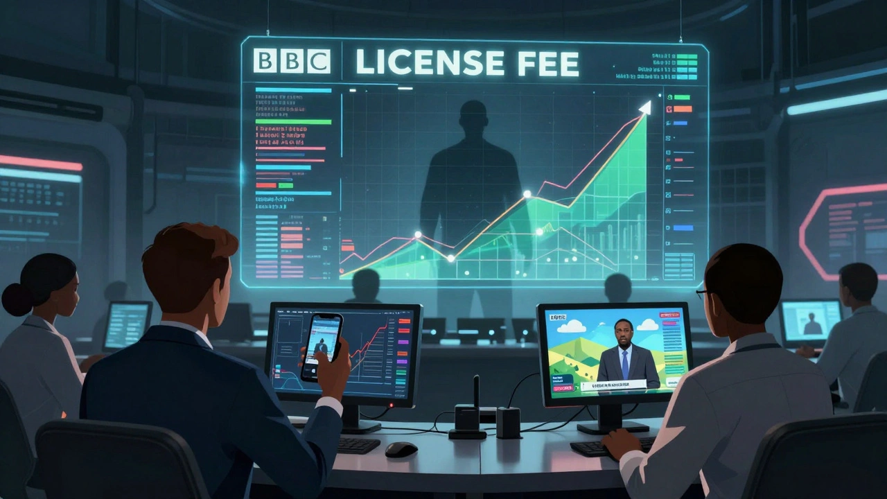 BBC reporters in global locations filming live, with AI data streams and a looming symbol of funding uncertainty.