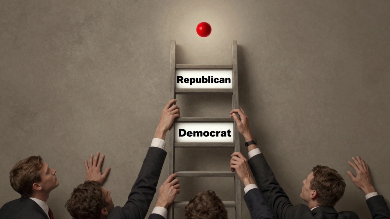 Broken Electoral College ladder with third-party candidates slipping, only two rungs visible.