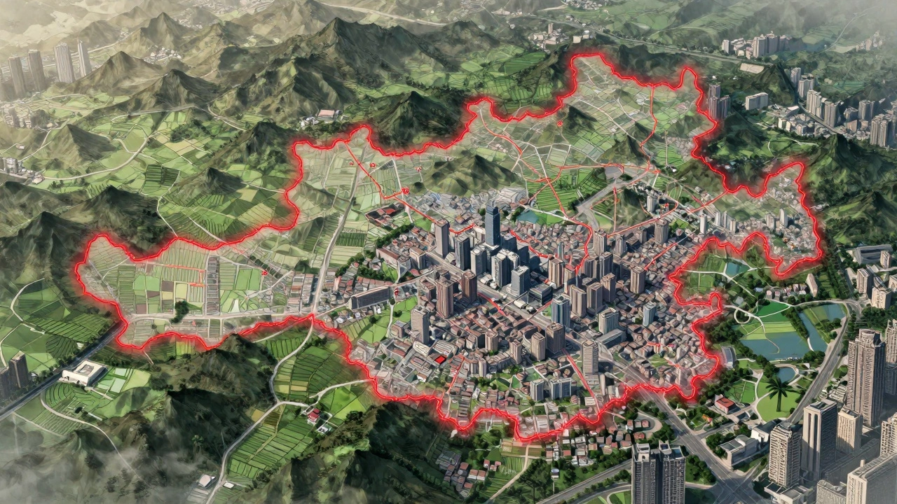 Chongqing's massive administrative boundary enclosing rural land and mountains, with a small urban core at its center.