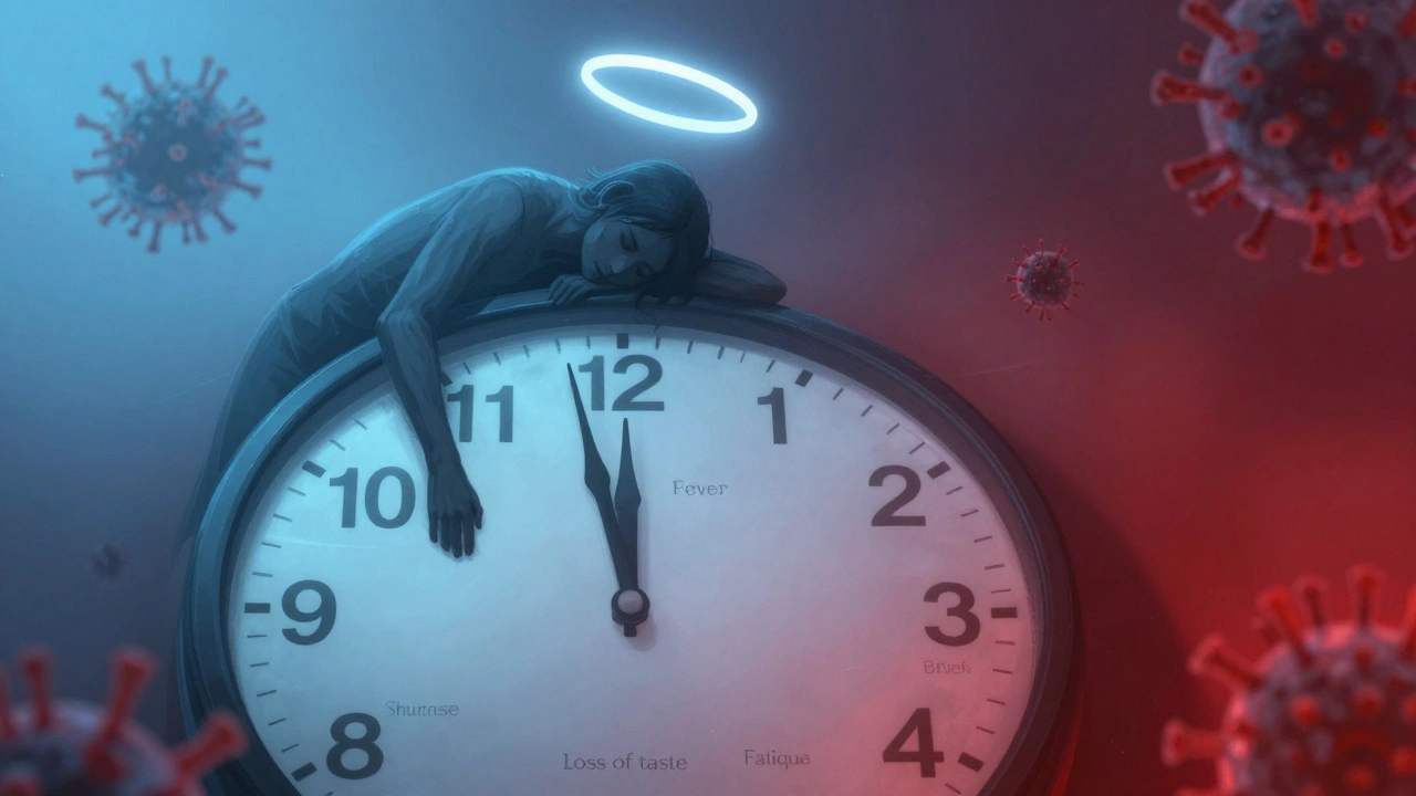 Clock face with symptoms at each hour, a tired figure leaning on it, virus particles floating in the air.