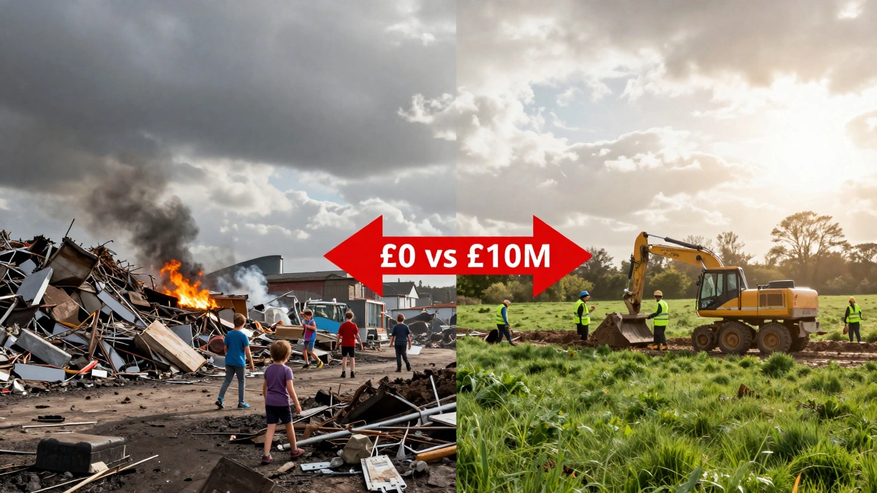 Contrasting images of a neglected toxic dump in Wigan and a cleaned site in Oxfordshire.