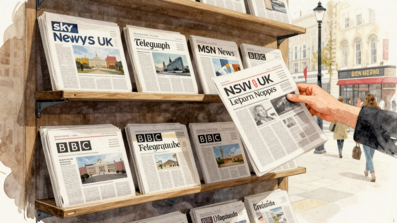 Digital newspaper stand with floating news source panels in a London street, symbolizing MSN's aggregation of UK media.