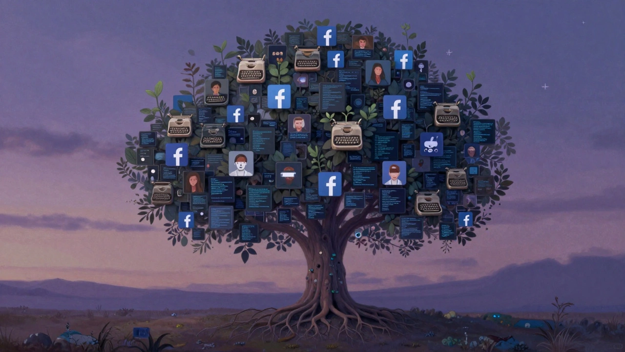 Digital tree with Facebook Groups as leaves, AI and VR as new growth, against a twilight sky symbolizing shifting user trends.