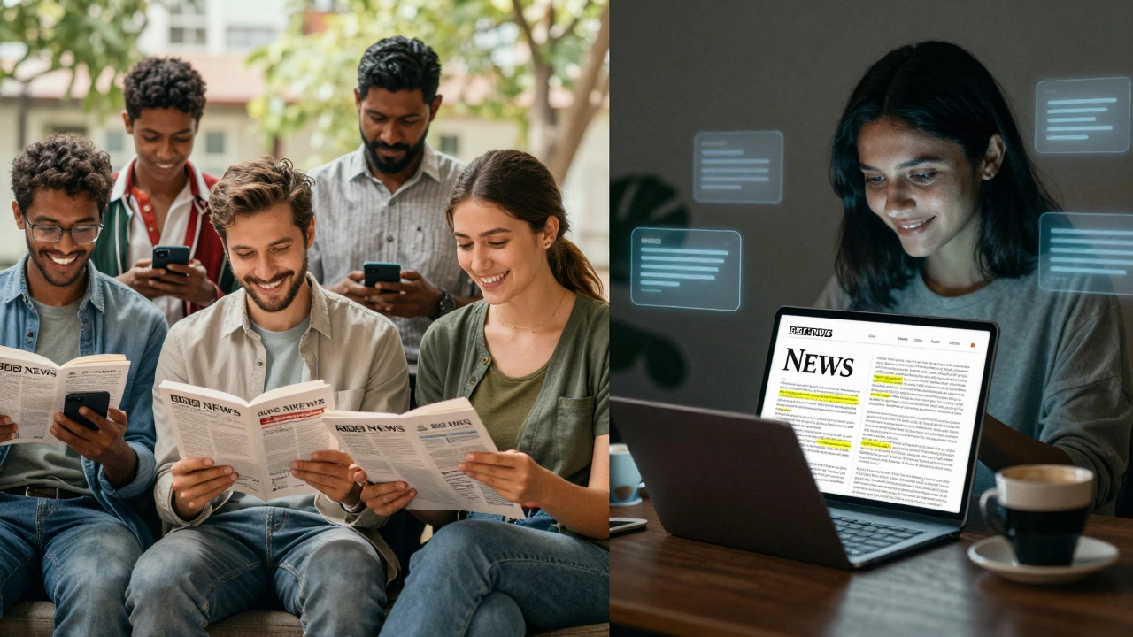 Diverse readers accessing BBC News on phones alongside a user deeply engaged with NYT on a tablet.