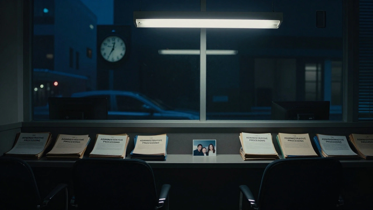 Empty U.S. visa office at midnight with files marked 'Administrative Processing'.