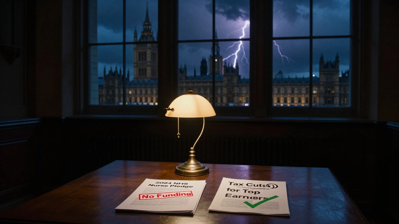 Empty UK Parliament chamber with conflicting policy documents lit by a single lamp.